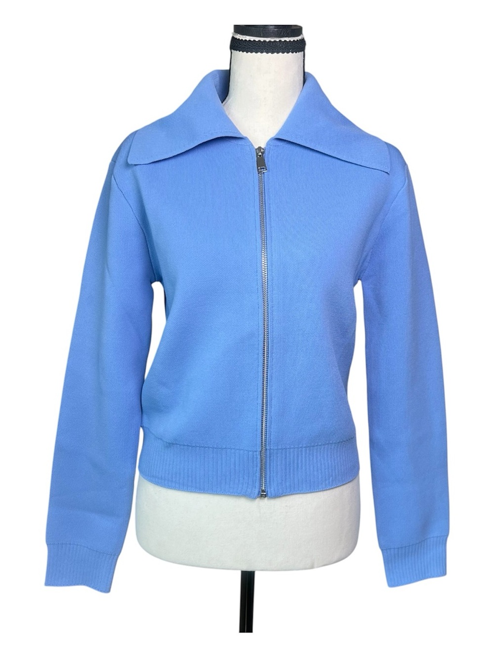 ZARA Zip-Up Cardigan Sky Blue Long Sleeve Ribbed Trims Women's Size Small